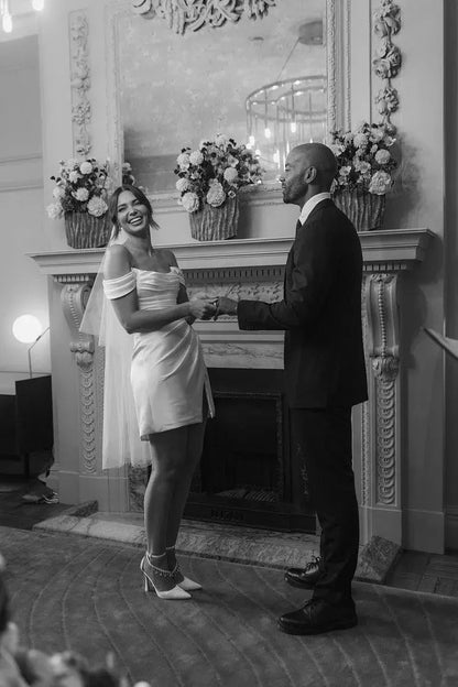 Elegant Short Wedding Dresses Women White Open Back Off The Shoulder Satin Pleat Side Split Bridal Gown