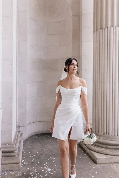 Elegant Short Wedding Dresses Women White Open Back Off The Shoulder Satin Pleat Side Split Bridal Gown