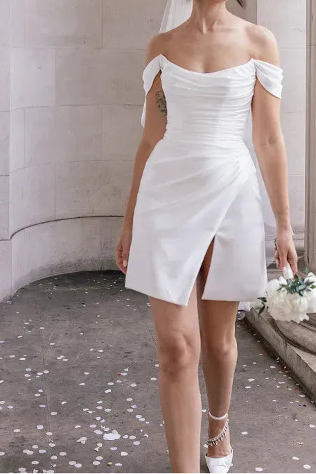Elegant Short Wedding Dresses Women White Open Back Off The Shoulder Satin Pleat Side Split Bridal Gown
