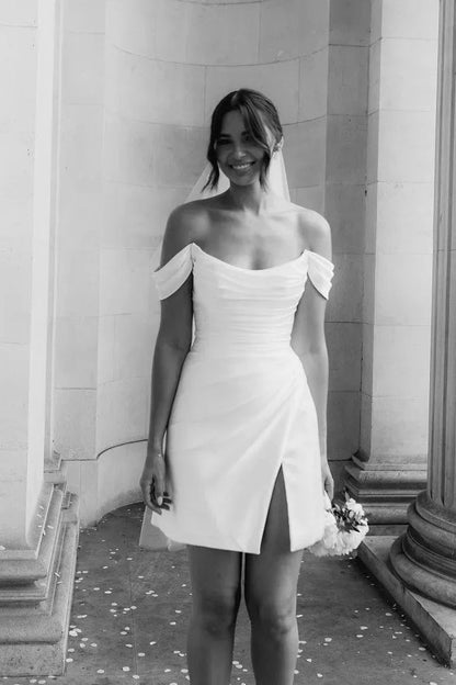 Elegant Short Wedding Dresses Women White Open Back Off The Shoulder Satin Pleat Side Split Bridal Gown