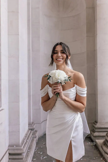 Elegant Short Wedding Dresses Women White Open Back Off The Shoulder Satin Pleat Side Split Bridal Gown
