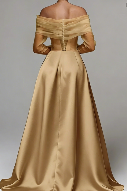 Refined Sheath Off-the-Shoulder Flower Floor-Length Satin Corset Mother of the Bride Dress