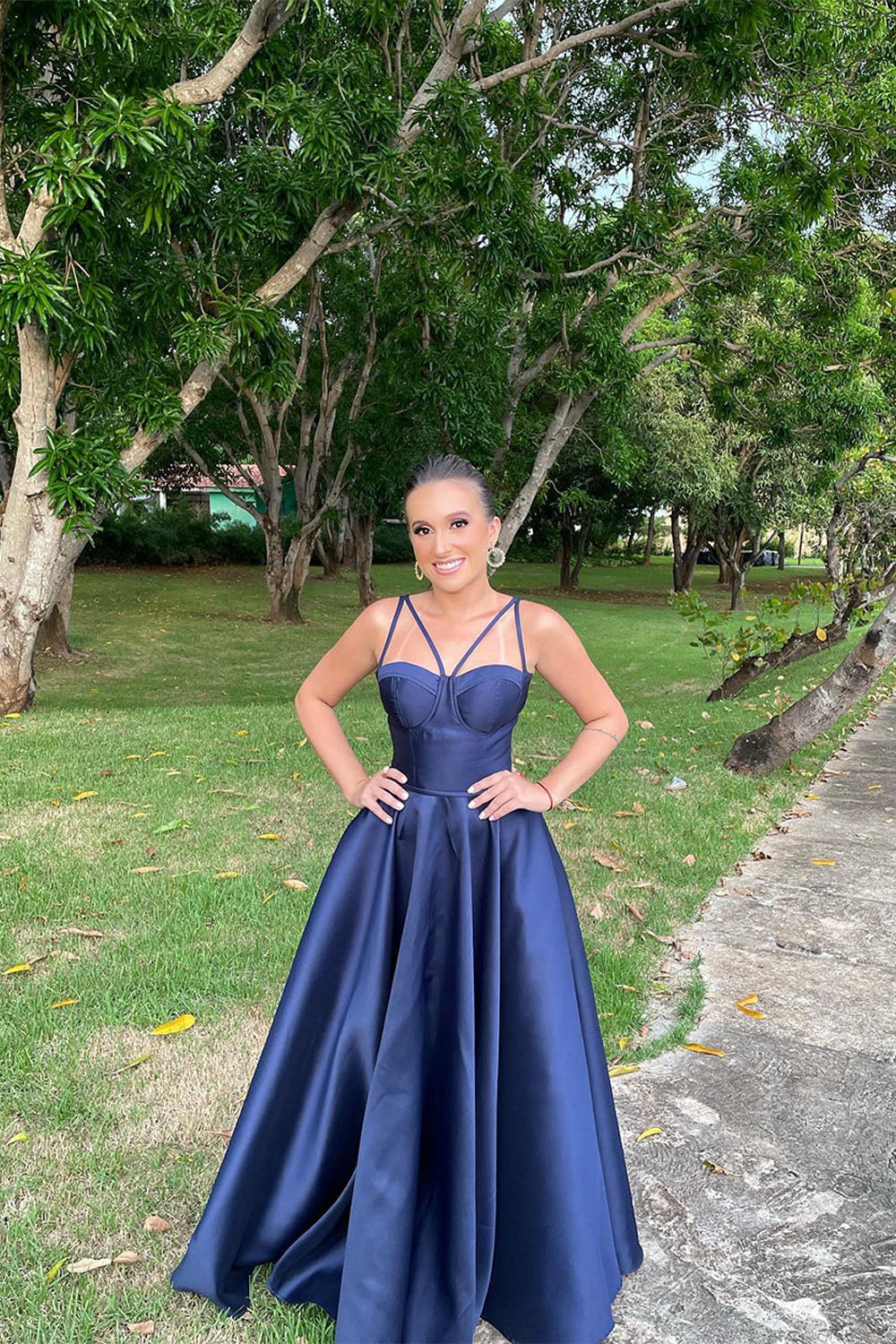 Navy Blue Spaghetti Straps Satin A Line Long Prom Dress