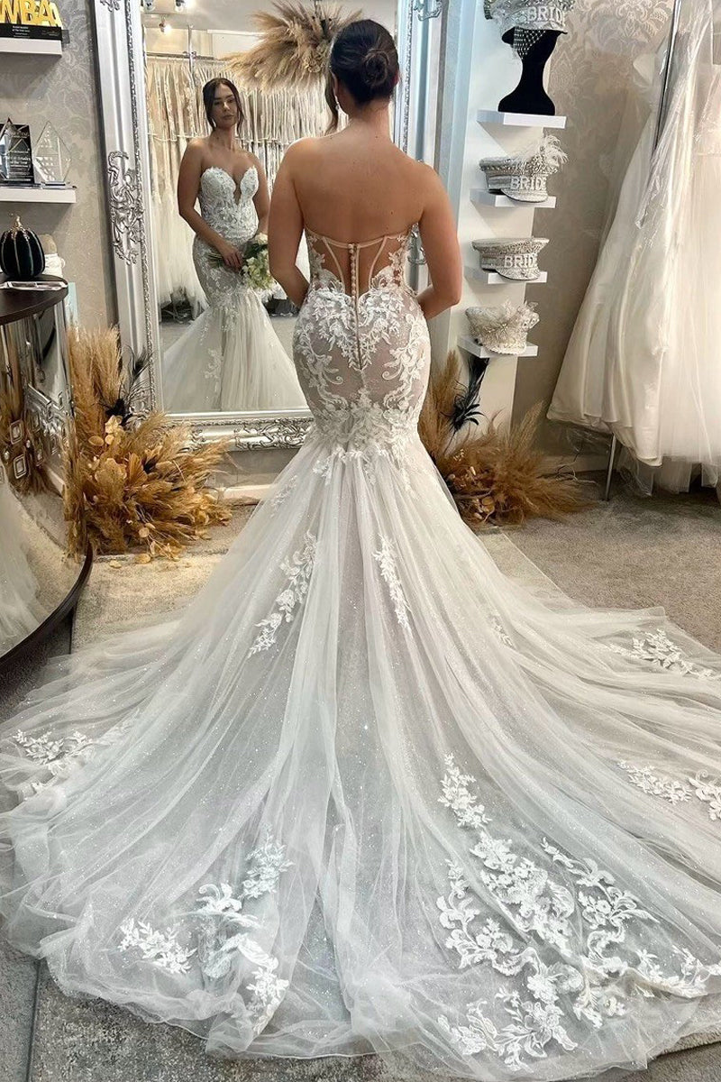 Sexy Mermaid Sweetheart Tulle Wedding Dresses with Appliques