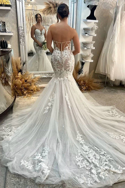 Sexy Mermaid Sweetheart Tulle Wedding Dresses with Appliques