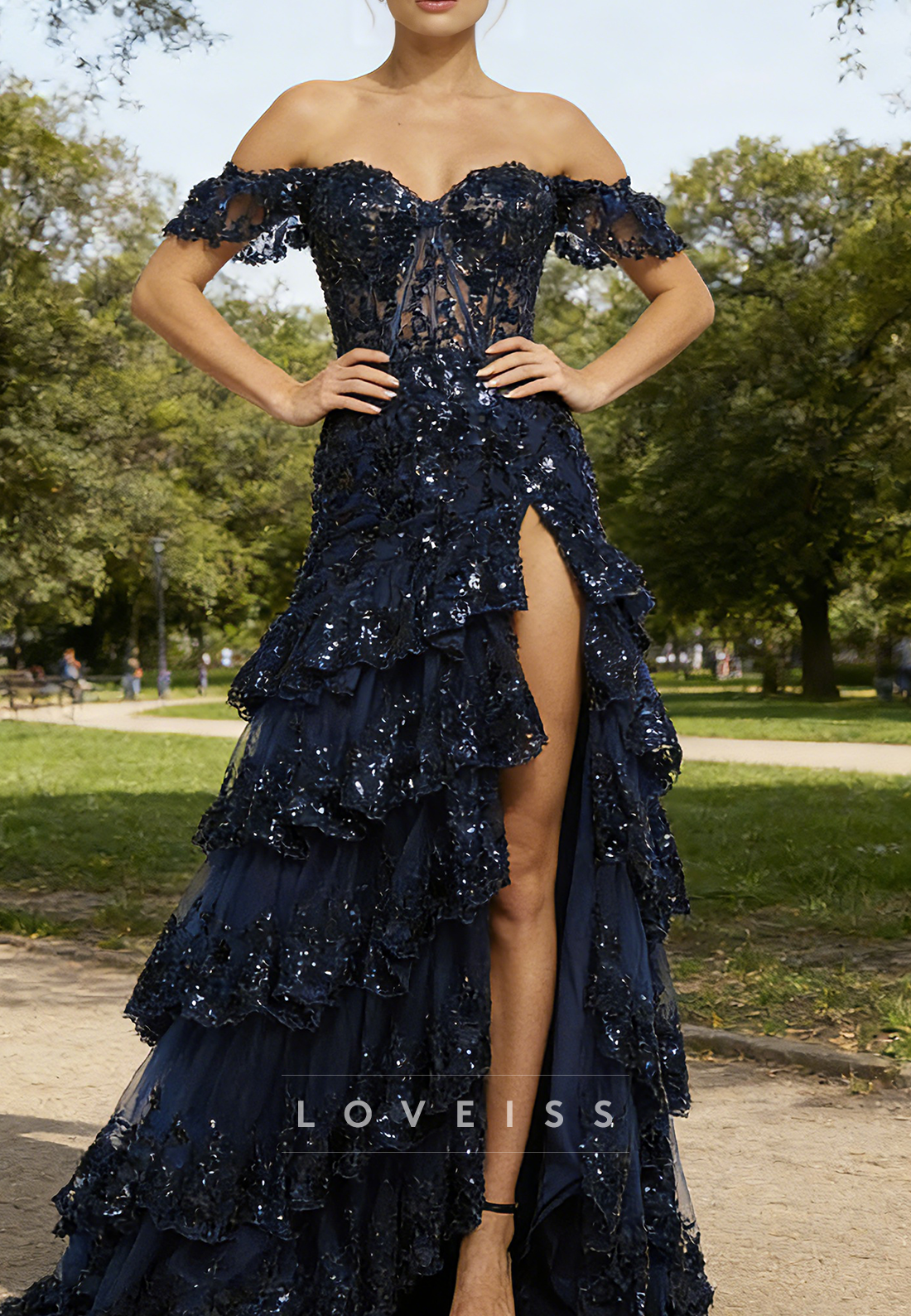 Off-Shoulder Cap Sleeves Tiered Sequins Appliques A-Line Prom Dress