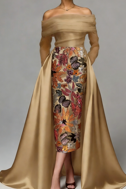 Refined Sheath Off-the-Shoulder Flower Floor-Length Satin Corset Mother of the Bride Dress