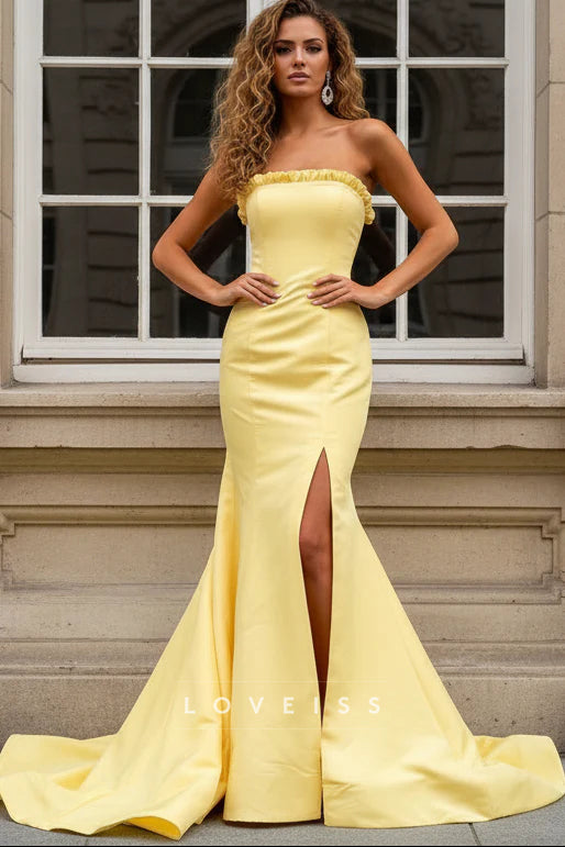 Yellow Strapless Ruffle Trumpet Long Gown with Slit