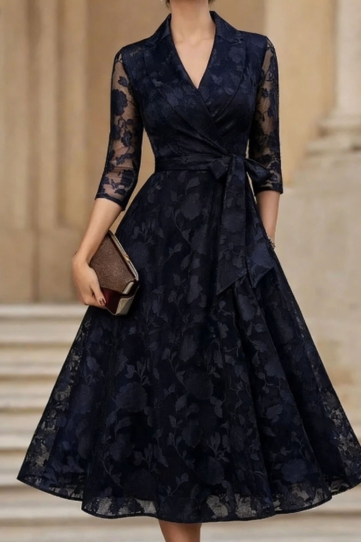 Polished A-Line V-Neck 3/4 Sleeves Bow Tea-Length Lace Mother of the Bride Dress
