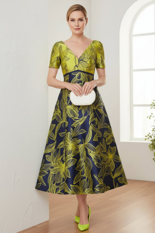 V-Neck Short Sleeves Floral Printed A-Line Mother of Bride Dress