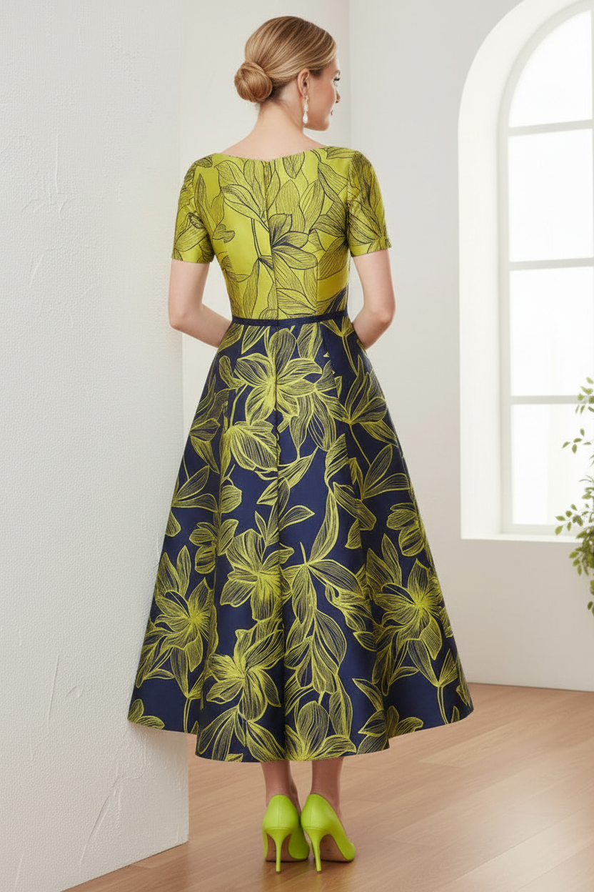 V-Neck Short Sleeves Floral Printed A-Line Mother of Bride Dress