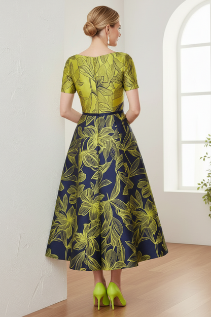 V-Neck Short Sleeves Floral Printed A-Line Mother of Bride Dress