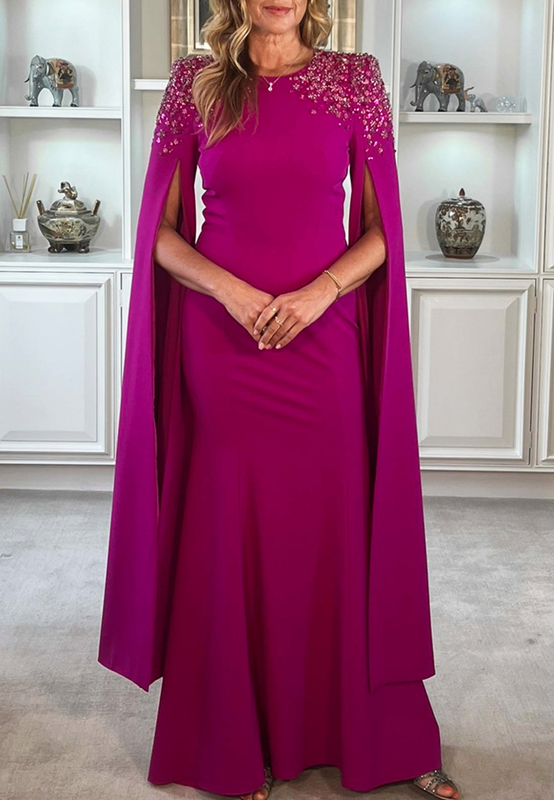 Scoop Long Sleeves Beaded Sleek Mermaid Mother of Bride Dress