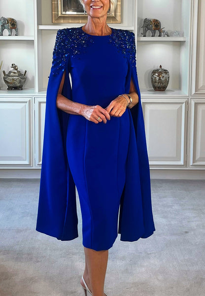 Scoop Long Sleeves Appliques Sequins Sleek Mermaid Knee-Length Mother of Bride Dress