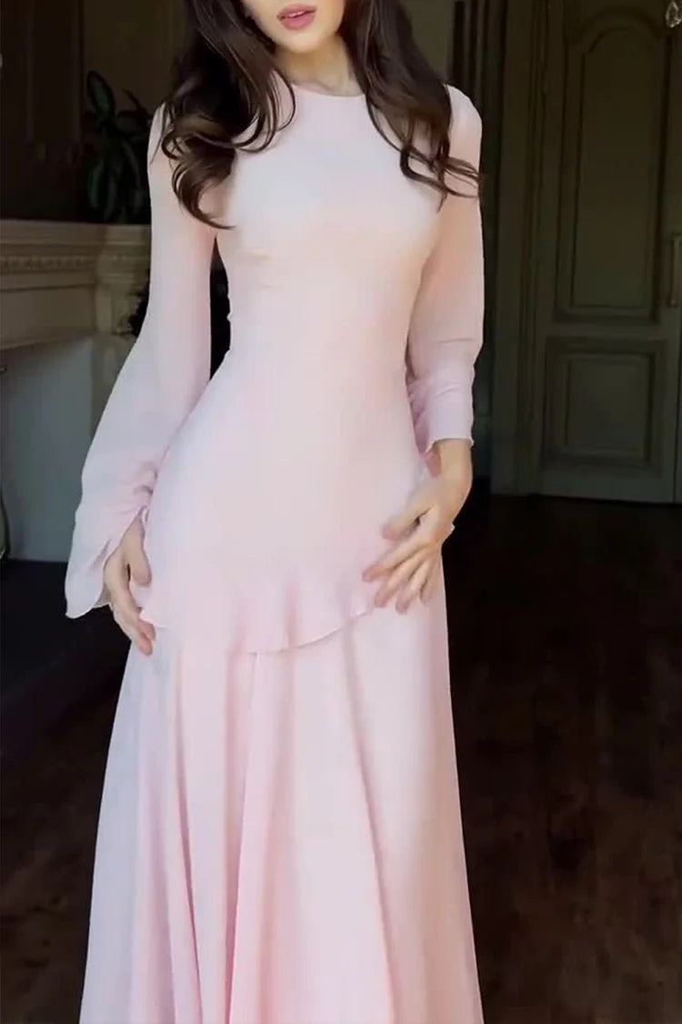 Round Neck Long Sleeve Ruffle Trim Lace Up Solid Color Maxi Dresses