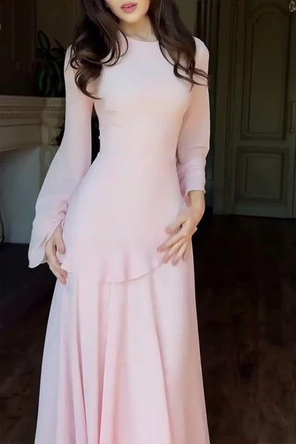 Round Neck Long Sleeve Ruffle Trim Lace Up Solid Color Maxi Dresses