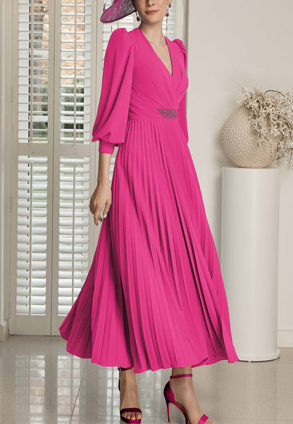 V-Neck Long Sleeves Pleated Chiffon A-Line Mother of Bride Dress