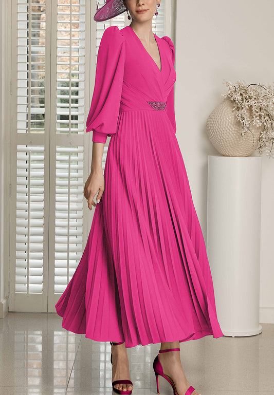 V-Neck Long Sleeves Pleated Chiffon A-Line Mother of Bride Dress