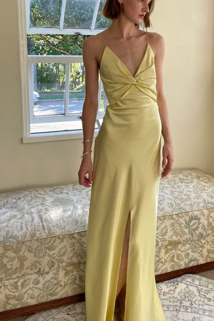 Chic Sheath Spaghetti Straps Yellow Long Party Dress with Keyhole Back