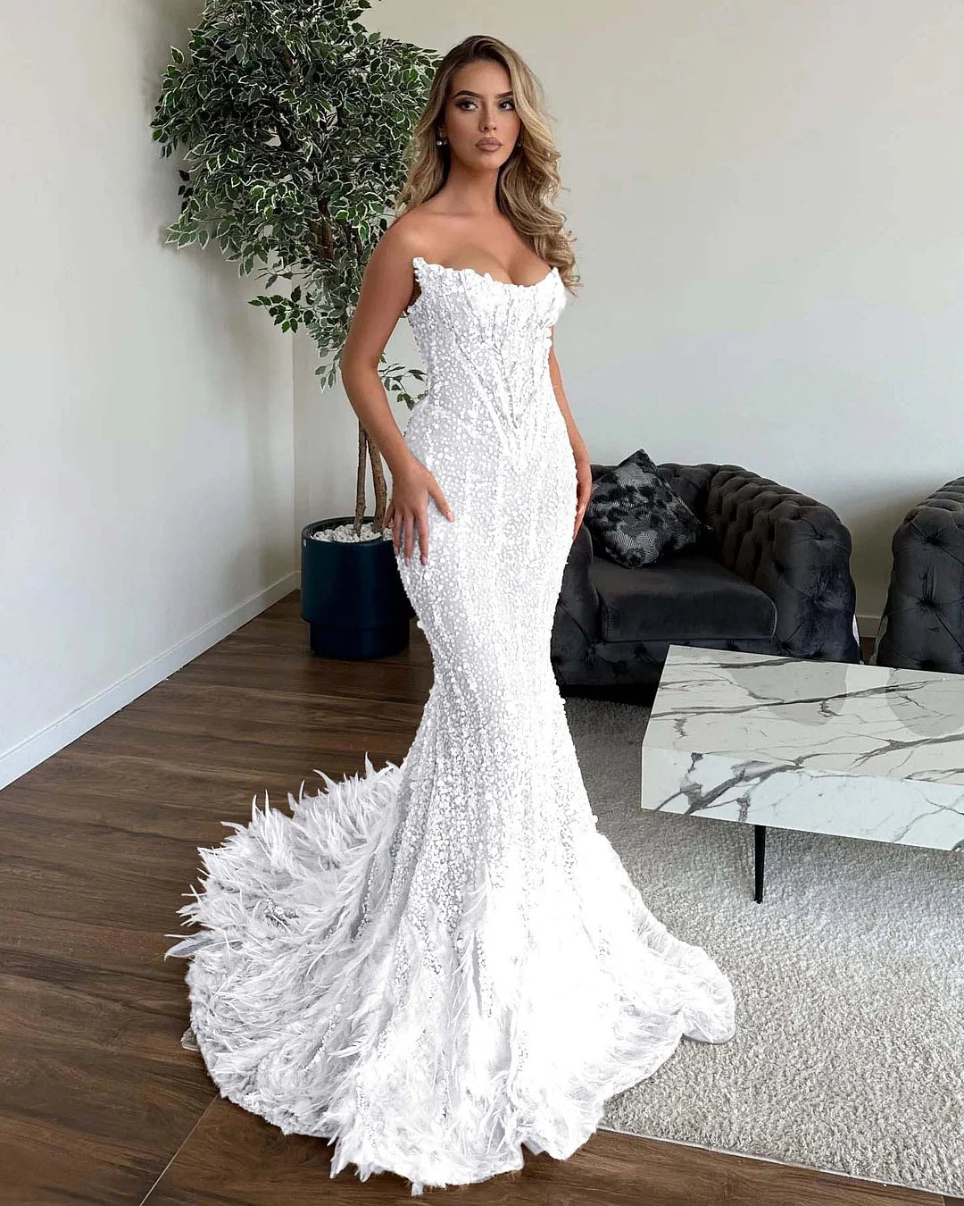 Shining Sequins Mermaid Prom Dress with Feathers