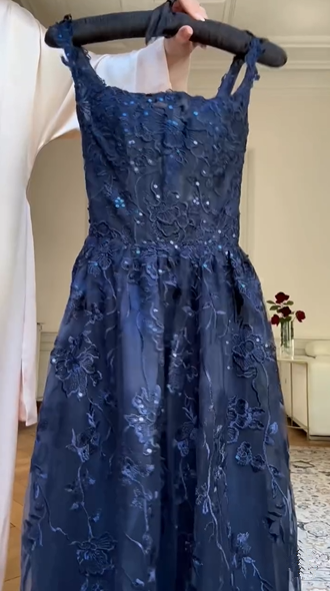 Navy Blue A Line Lace Appliques Prom Dress Elegant Evening Gown