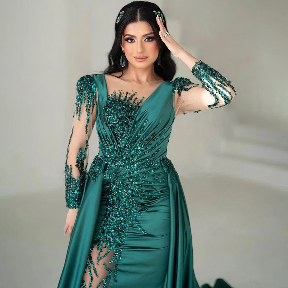Luxury Dubai Green Mermaid Lace Beaded Satin Evening Dresses Formal Gowns