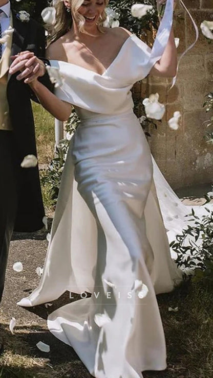 Off The Shoulder Mermaid Long Wedding Dress With Detachable Train