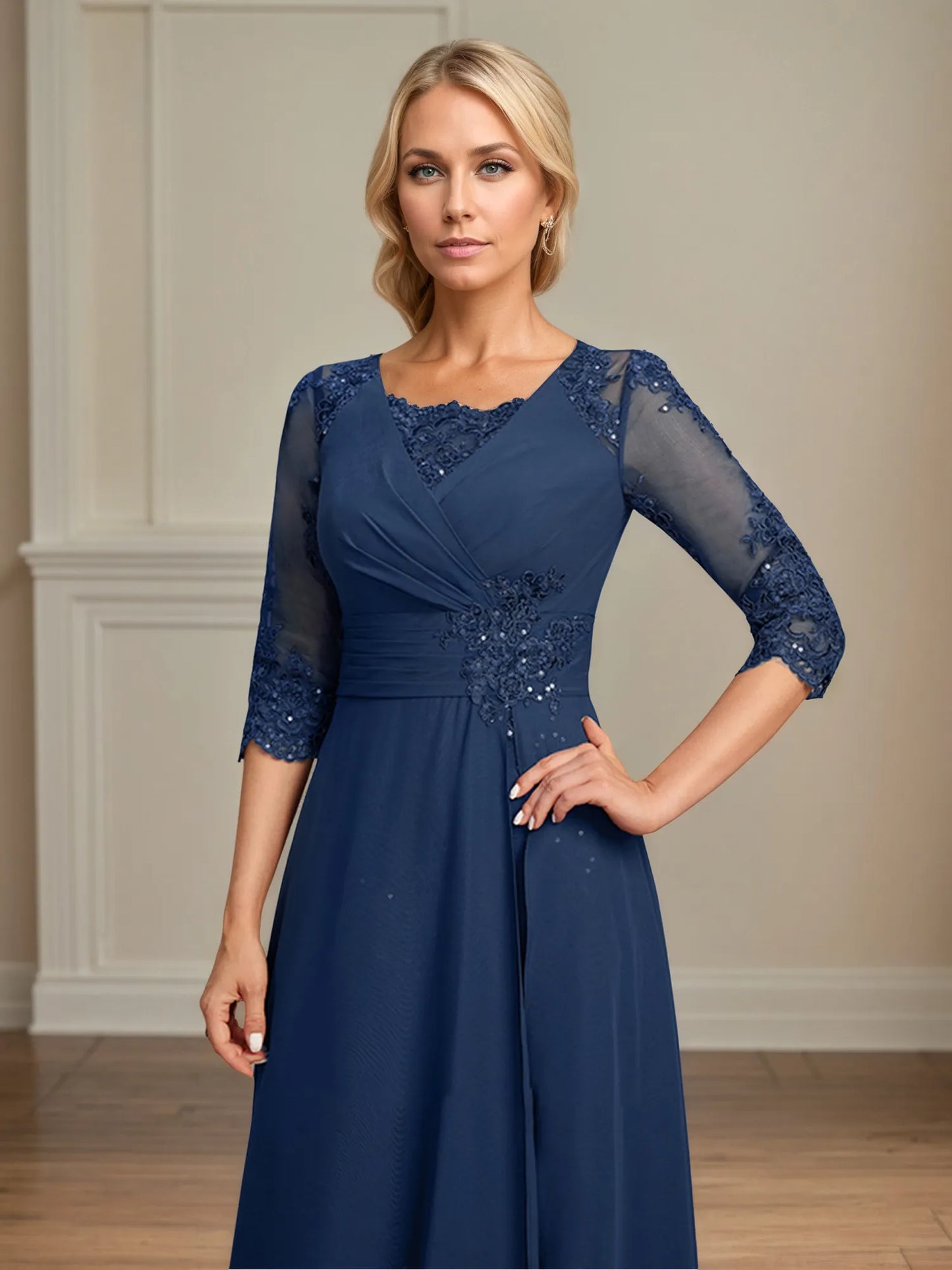 A-line Square Floor-Length Lace Chiffon Mother of the Bride Dress With Pleated Sequins