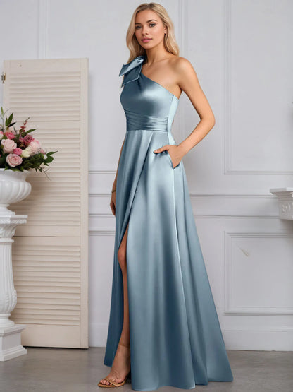 A-Line One Shoulder Stretch Satin Mother Of The Bride Dress With Bow