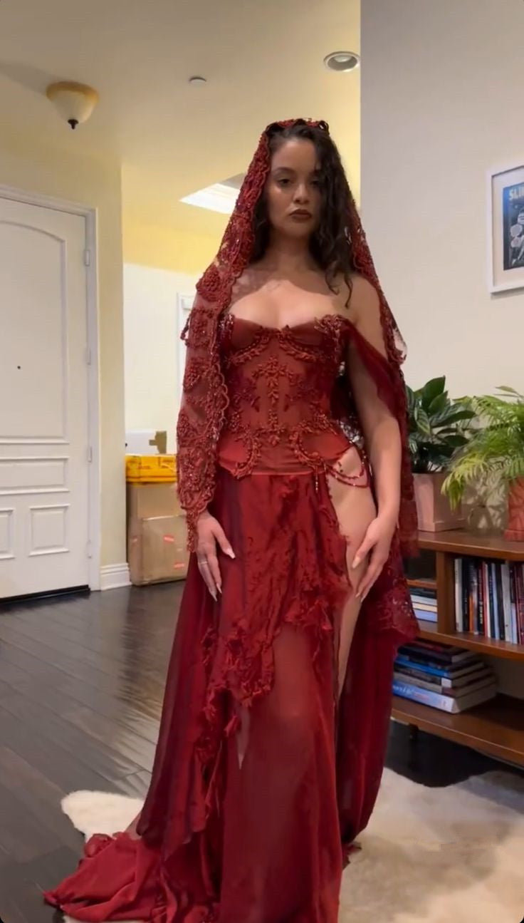Burgudny Off Shoulder Long Dress Evening Party Dress with Veil