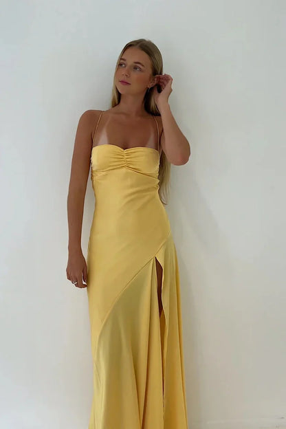 Simple Sheath Spaghetti Straps Pink Long Party Dress with Split Front