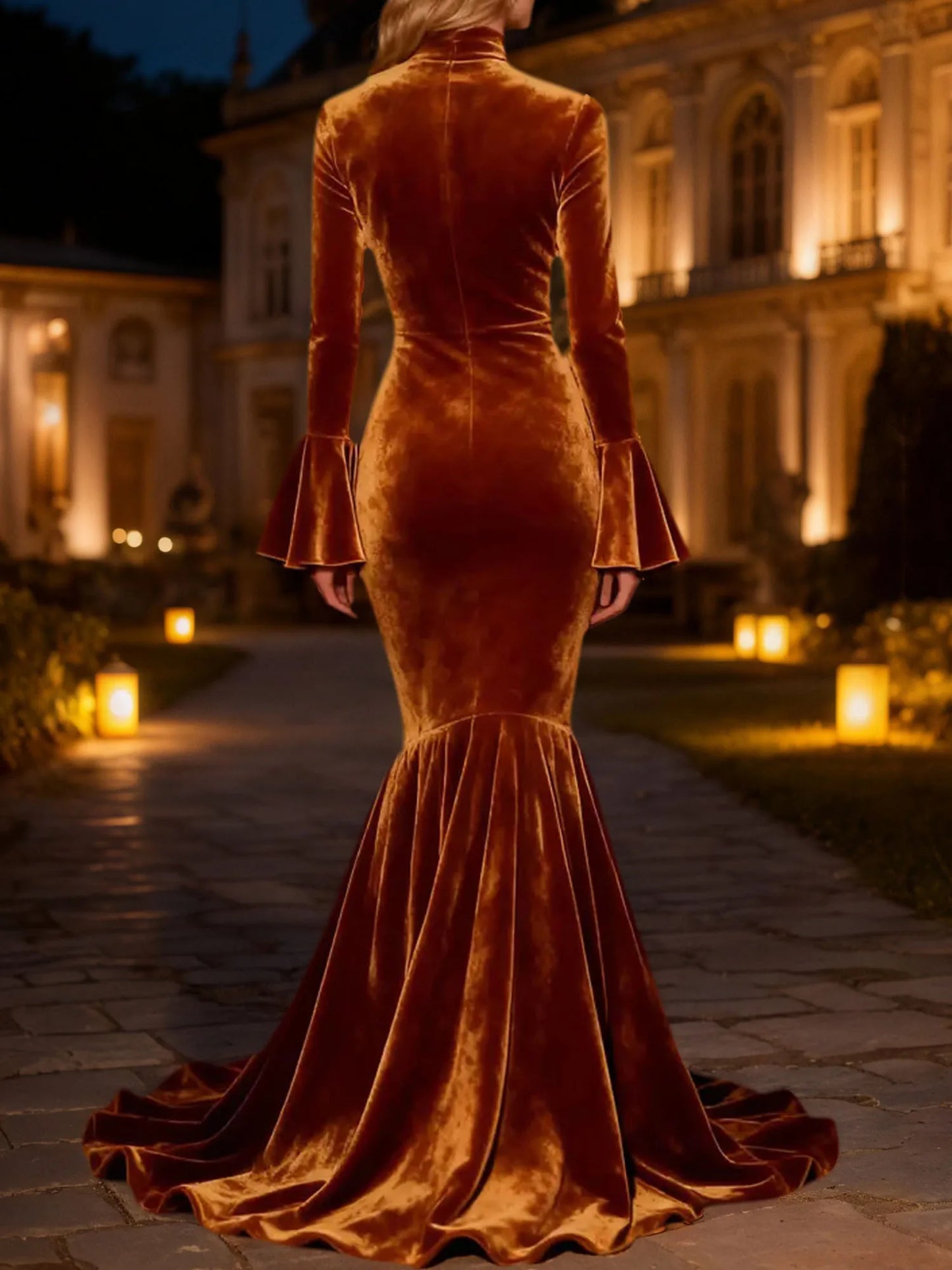 Brown Mermaid Long Ruffled Velvet Holiday Party Dress with Slit