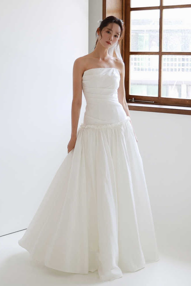 Taffeta A Line Long Wedding Dress Lace Up Back