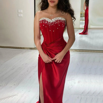 Red Strapless Beaded Mermaid Luxury Dubai Evening Gown
