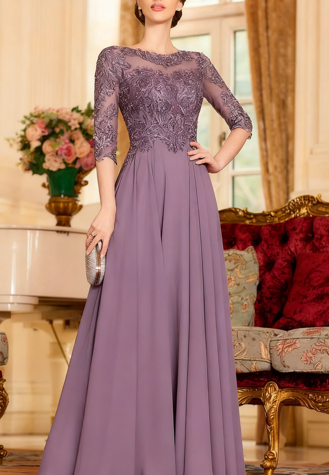 Chic A-Line Chiffon Lace Scoop 3/4 Sleeves Floor-Length Mother of the Bride Dress