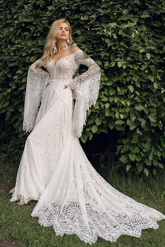 Bohemian Long Flare Sleeves V Neck A Line Foral Lace Wedding Dress SPF078