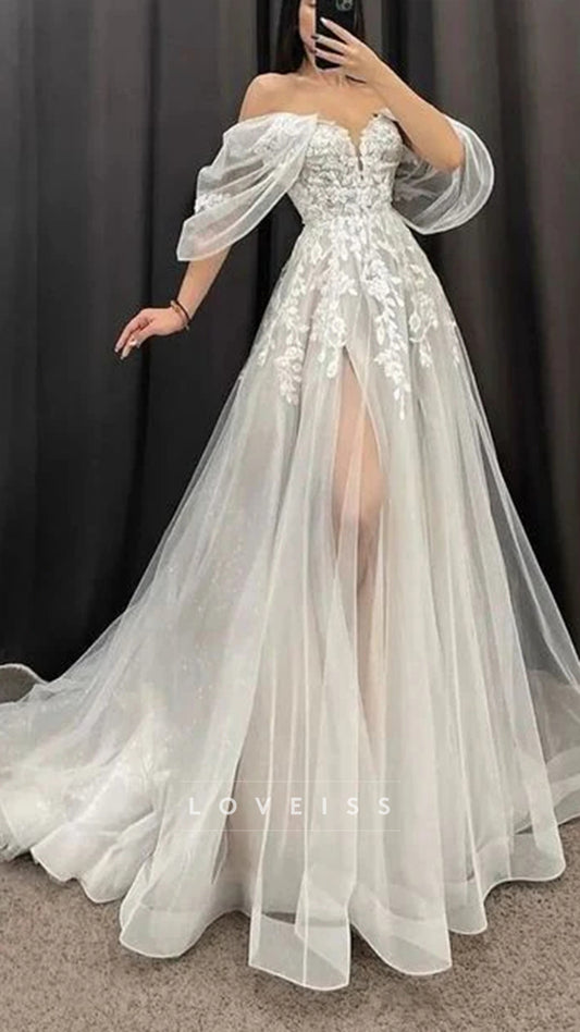 Ivory A-Line Wedding Dresses Women V-Neck Short Sleeves Long Bride Dress