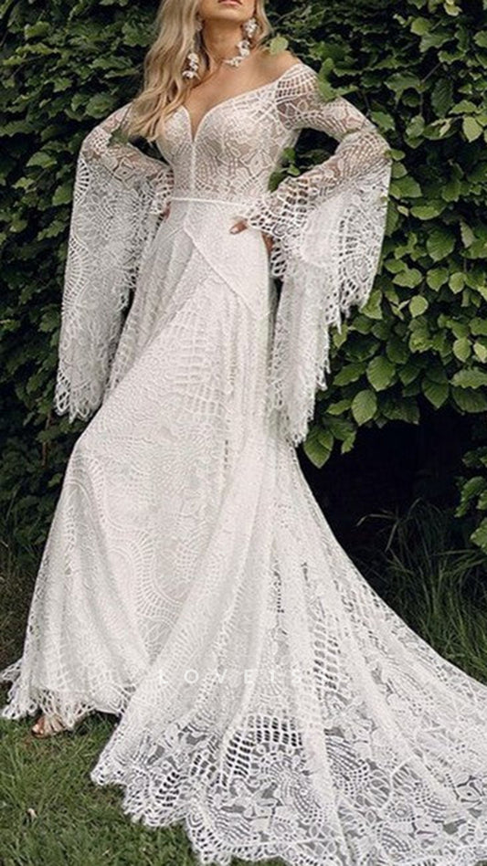 Bohemian Long Flare Sleeves V Neck A Line Foral Lace Wedding Dress SPF078