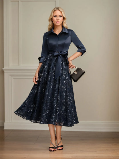 A-line Collared V-Neck Tea-Length Satin Lace Sequin Mother of the Bride Dress With Bow