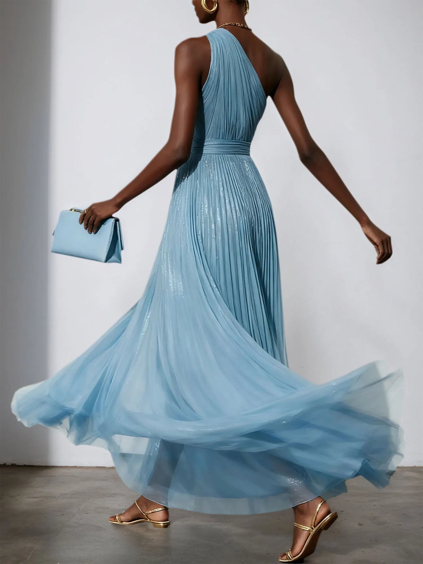 Light Blue Tulle One Shoulder Sleeveless A-Line Gown Dress