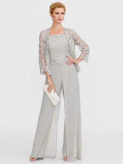 3 Piece Chiffon Square Neck Mother of the Bride Pantsuits with Jacket
