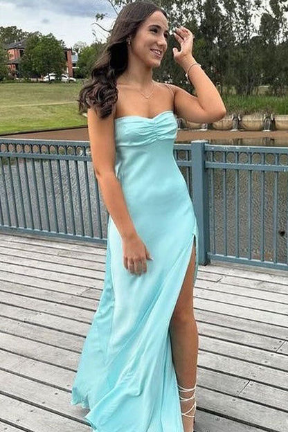 Blue Satin Spaghetti Straps Sheath Long Prom Dress