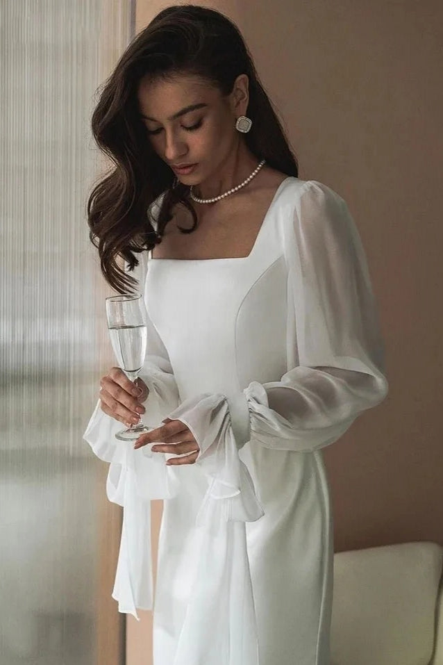 Simple Wedding Dresses Square Neck Puff Sleeves