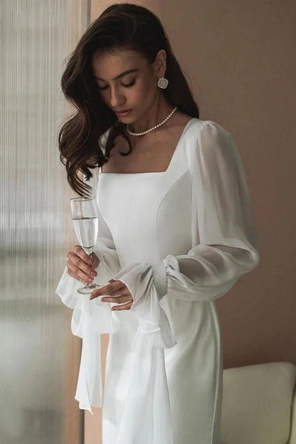 Simple Wedding Dresses Square Neck Puff Sleeves