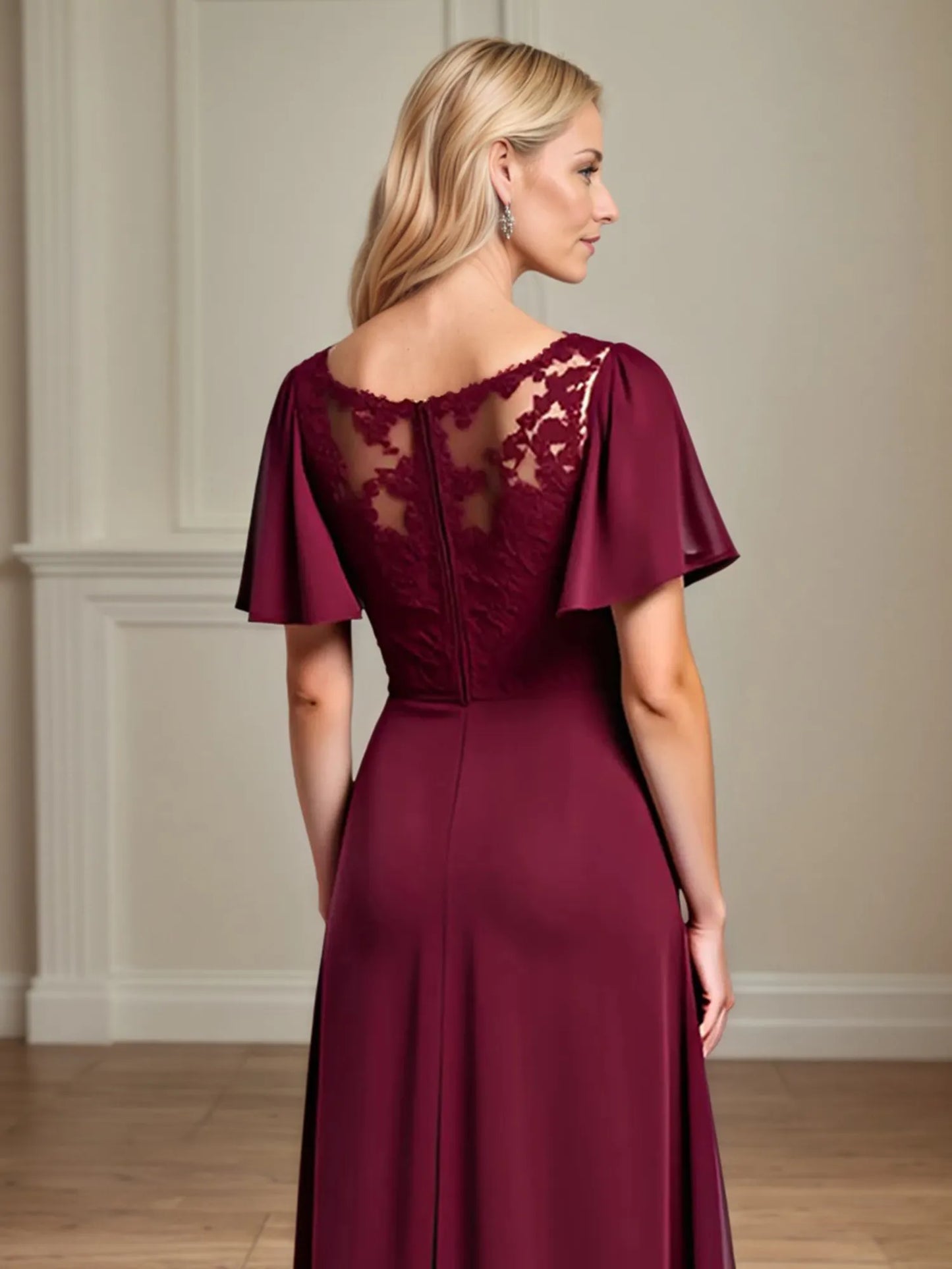 A Line Scoop Neck Short Sleeve Chiffon Mother of the Bride Dress With Leg Slit