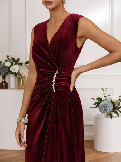 Wine Red Rhinestone Ruched Velvet V Neck Sleeveless A-Line Midi Dress