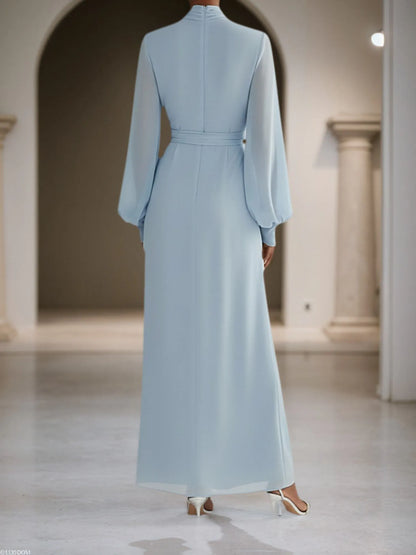 Light Blue Chiffon Mock Neck Long Sleeve Balloon Sleeve A-Line Maxi Dress