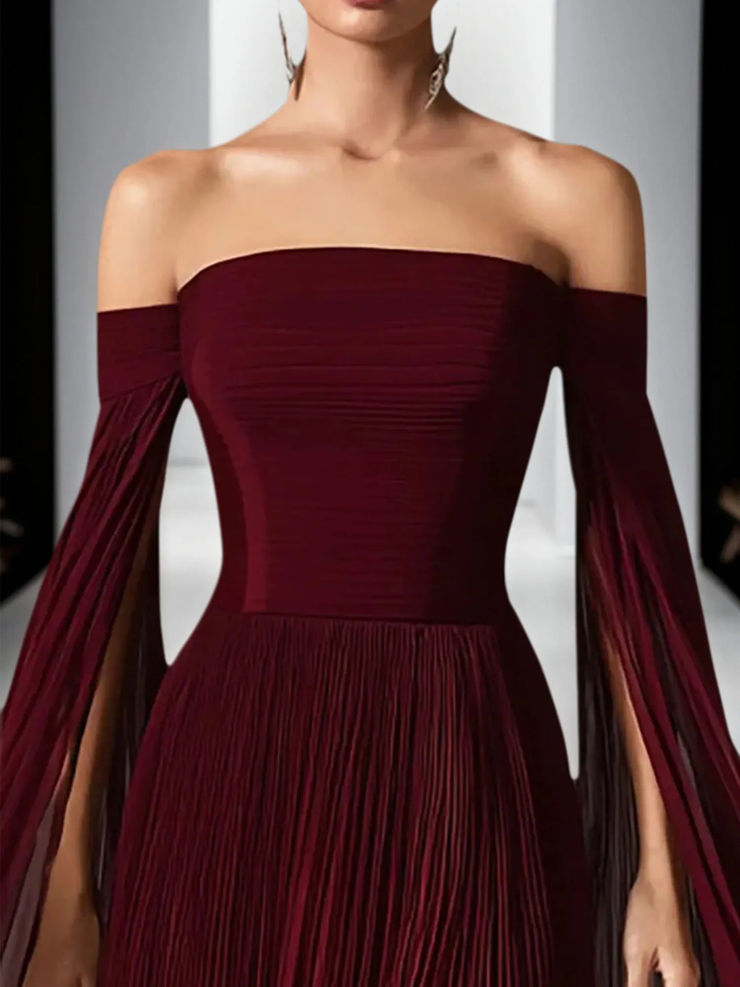 Flowy Burgundy Off the Shoulder Pleated Long Formal Dress with Cape
