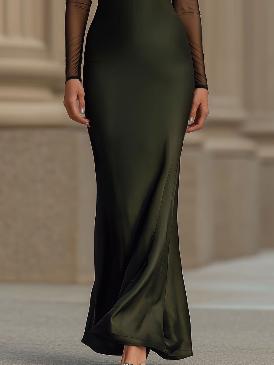 Elegant Off-Shoulder Satin Evening Gown With Sheer Sleeves