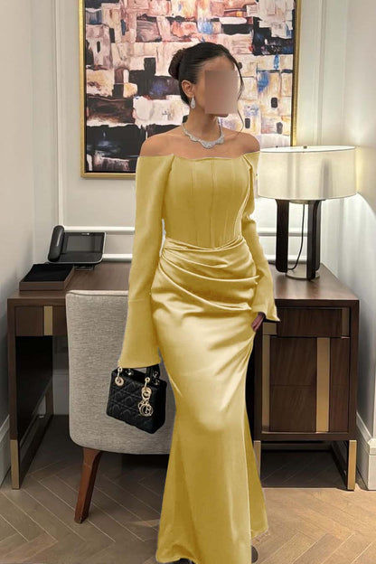 Lussooy Chic Satin Ivory Off the Shoulder Long Sleeves Prom Dress with Pleated